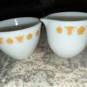 Pyrex Vintage White and Orange Creamer and Sugar Set